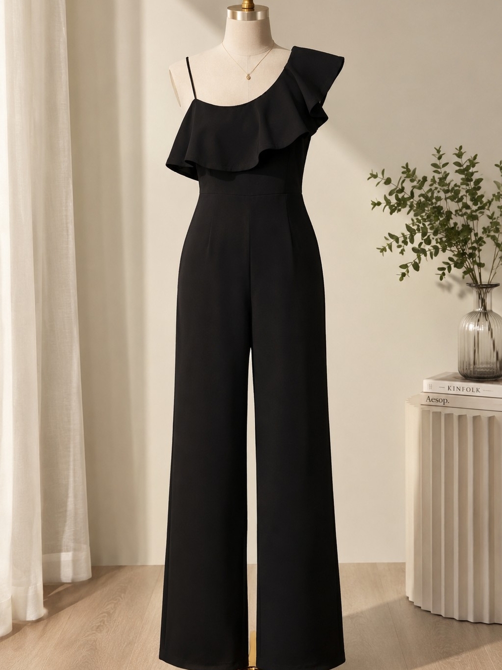 Altar'd State Black One-Shoulder Ruffle Jumpsuit